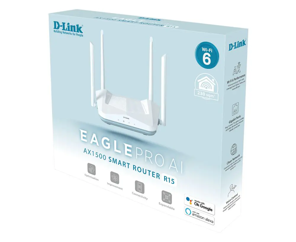 D-LINK EAGLE PRO AX1500 SMART ROUTER R15 – DUAL BAND – WI-FI 6 – AI 5GHZ – OFDMA – GOOGLE & ALEXA