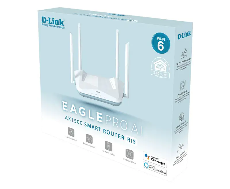 D-LINK EAGLE PRO AX1500 SMART ROUTER R15 – DUAL BAND – WI-FI 6 – AI 5GHZ – OFDMA – GOOGLE & ALEXA