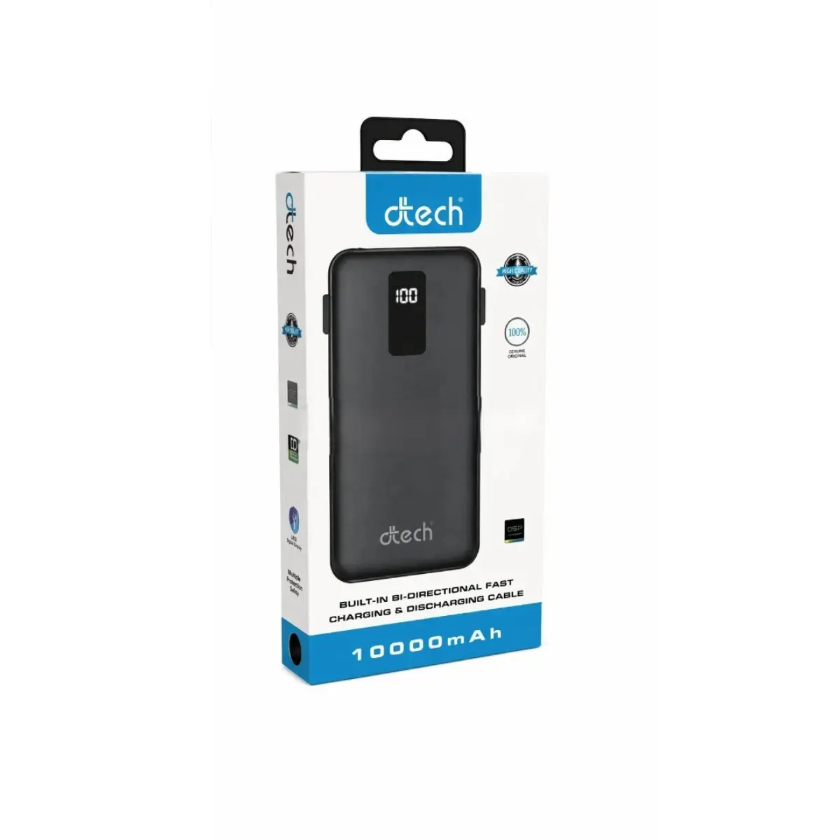 DTECH – POWER BANK 10 000 MAH – FAST CHARGING – DIGITAL DISPLAY – BUILT-IN CABLE – ULTRAS FAST – BLACK