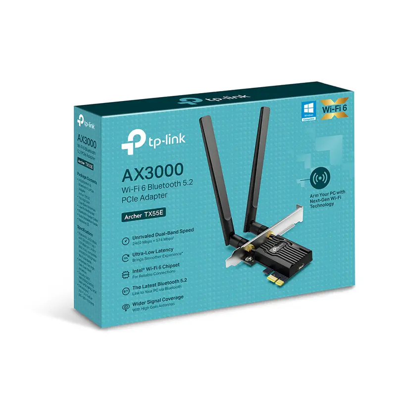 TP-LINK ARCHER TX55E – ADAPTATEUR PCIE WIFI 6 AX3000 BLUETOOTH 5.2 – 2402 MBPS – 5 GHZ – 2 ANTENNES