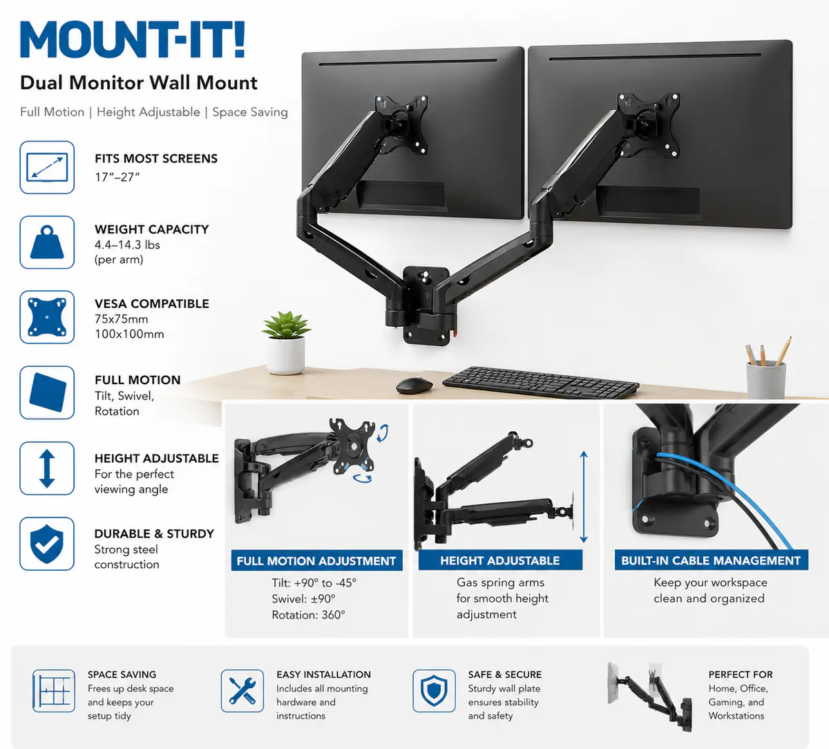 SUPPORT ECRAN DUAL MONITOR – ARMS BRAKET – BRAS ARTICULÉS – VESA 75×75 / 100×100 – JUSQU’À 27″ – BLACK