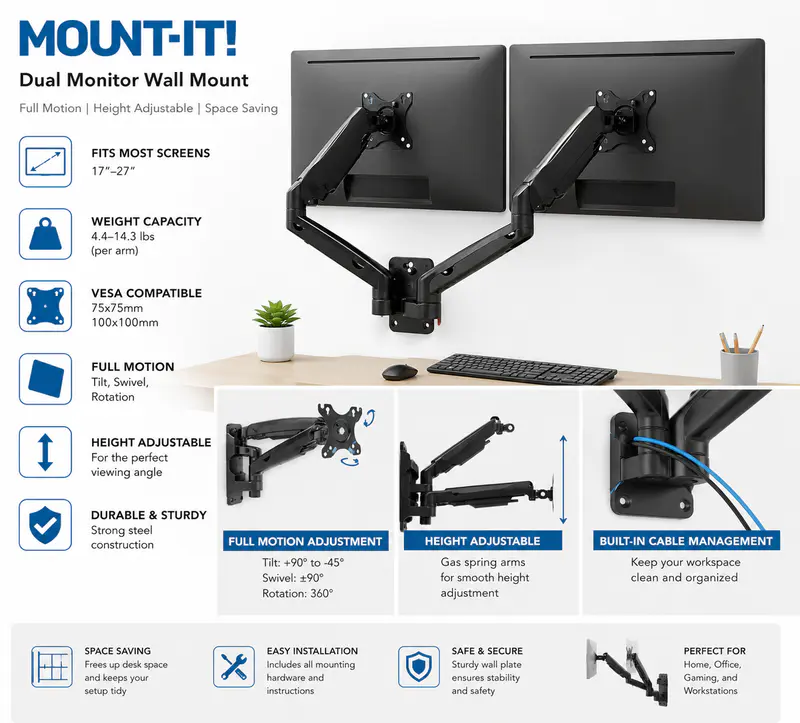 SUPPORT ECRAN DUAL MONITOR – ARMS BRAKET – BRAS ARTICULÉS – VESA 75×75 / 100×100 – JUSQU’À 27″ – BLACK