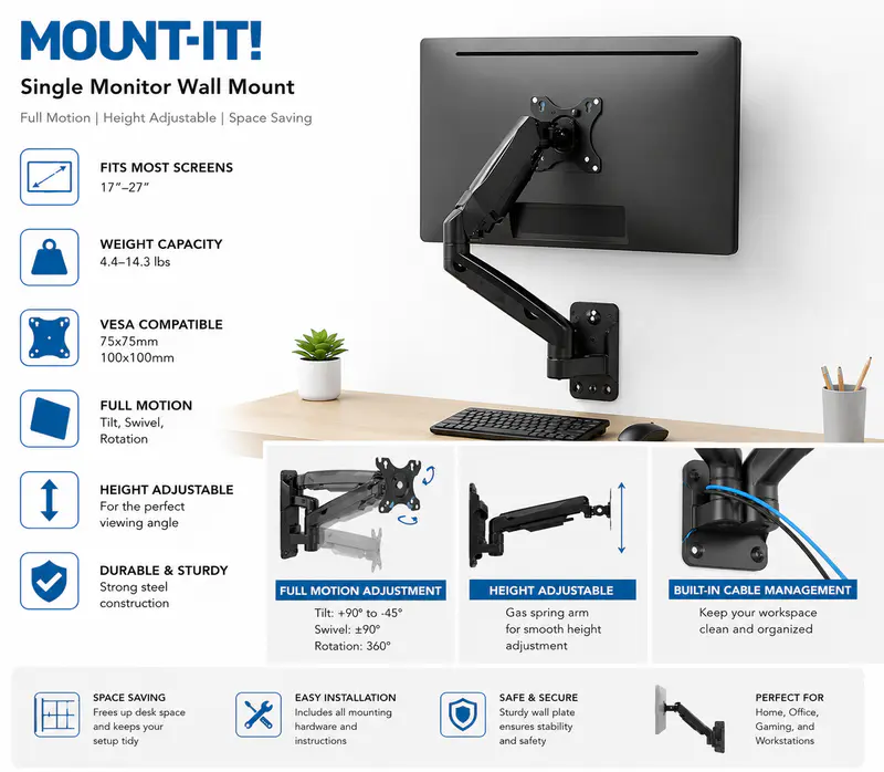SUPPORT ECRAN SINGLE MONITOR – ARMS BRAKET – BRAS ARTICULÉS – VESA 75×75 / 100×100 – JUSQU’À 27″ – BLACK