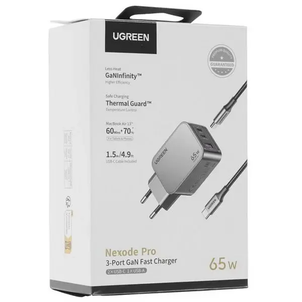 CHARGEUR UGREEN NEXODE PRO 65W – GANFAST – 2 USB-C + 1 USB-A – CHARGE RAPIDE PD 3.0 / QC 4.0 – CÂBLE USB-C 1.5M INCLUS
