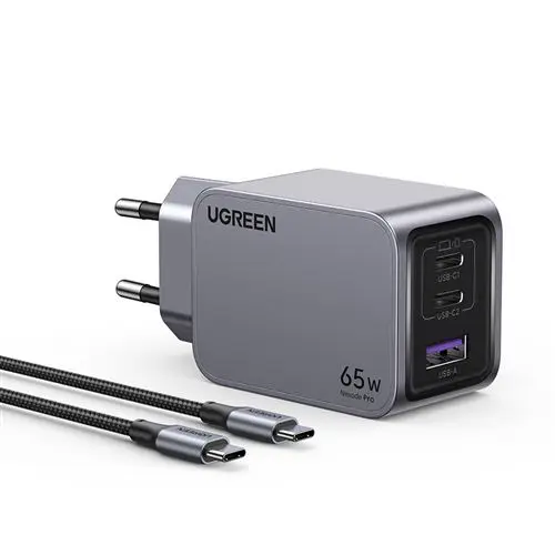 CHARGEUR UGREEN NEXODE PRO 65W – GANFAST – 2 USB-C + 1 USB-A – CHARGE RAPIDE PD 3.0 / QC 4.0 – CÂBLE USB-C 1.5M INCLUS