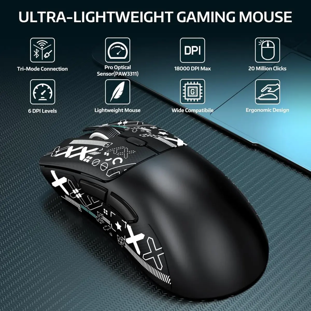 ATTACK SHARK R1 – R1-MOUSE – SOURIS FILAIRE & SANS FIL – BLUETOOTH 5.2- USB 2.4G – 6 BOUTONS – 18000 DPI – 1000HZ – BLACK