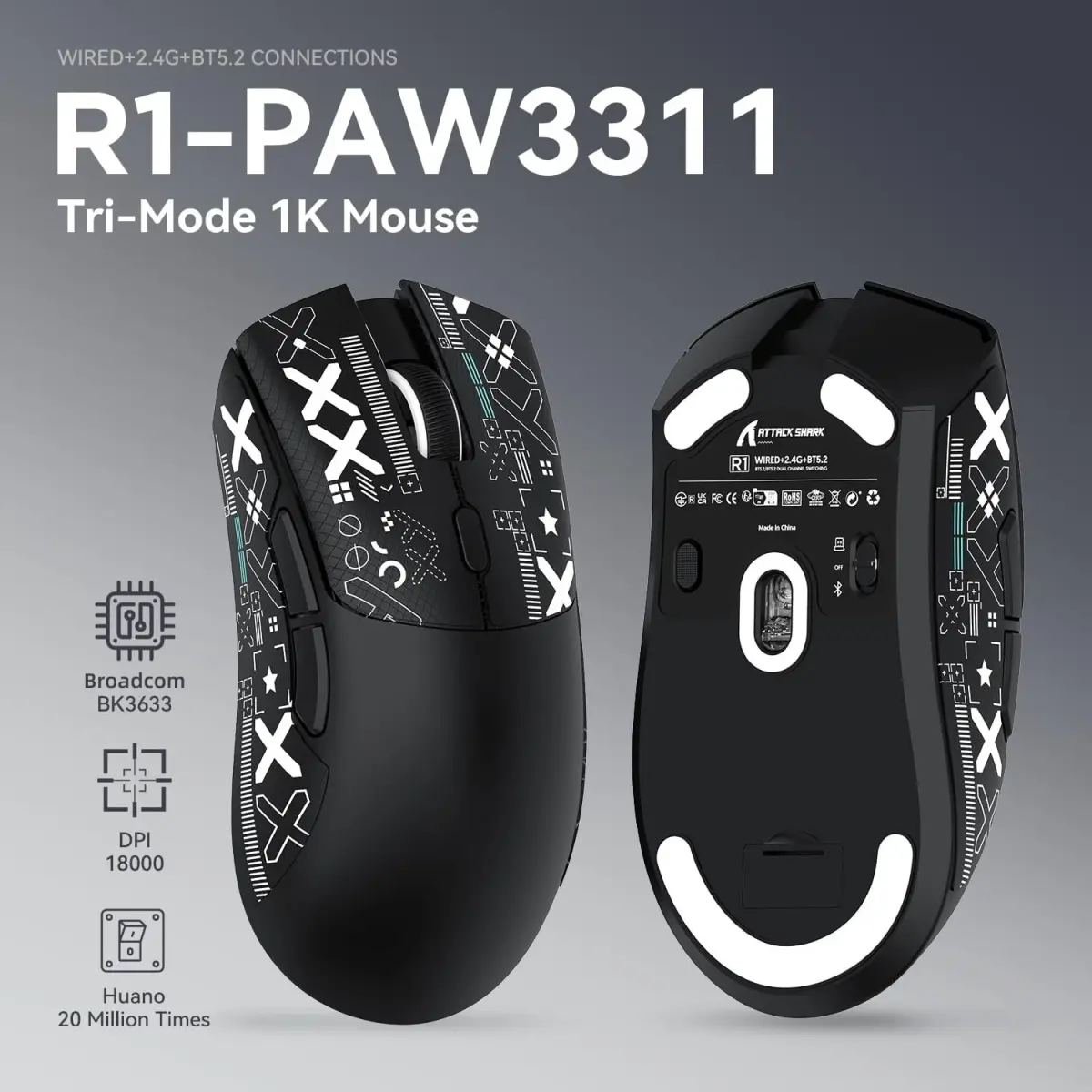 ATTACK SHARK R1 – R1-MOUSE – SOURIS FILAIRE & SANS FIL – BLUETOOTH 5.2- USB 2.4G – 6 BOUTONS – 18000 DPI – 1000HZ – BLACK