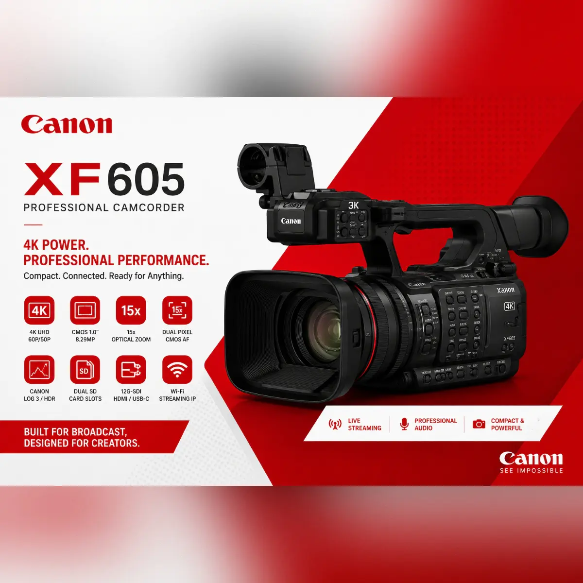 CANON XF605 – CAMÉSCOPE PROFESSIONNEL – 4K UHD 60P/50P – CAPTEUR CMOS 1.0″ – ZOOM OPTIQUE 15X – CANON LOG 3 – HDR – DUAL PIXEL CMOS AF – 12G-SDI – DOUBLE SLOT SD – WIFI – ORIGINAL