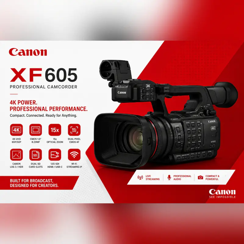 CANON XF605 – CAMÉSCOPE PROFESSIONNEL – 4K UHD 60P/50P – CAPTEUR CMOS 1.0″ – ZOOM OPTIQUE 15X – CANON LOG 3 – HDR – DUAL PIXEL CMOS AF – 12G-SDI – DOUBLE SLOT SD – WIFI – ORIGINAL