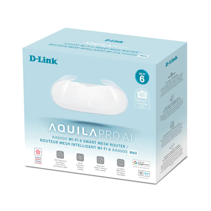D-LINK AQUILA PRO AI M60 ROUTEUR MESH WIFI 6 AX6000 – AI – 2.5G WAN – 4 LAN – WPA3 – DESIGN INCURVÉ