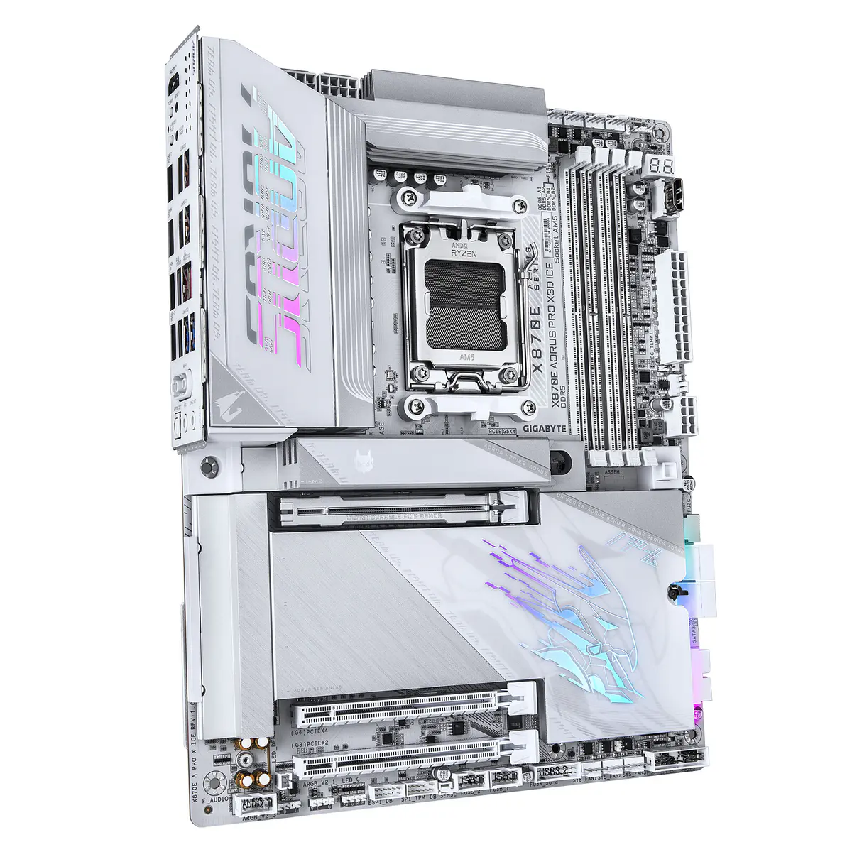 AORUS X870E AORUS PRO X3D ICE – GAMING MOTHERBOARD – AMD SOCKET AM5 – X870E – ATX – 4X DDR5 – M.2 PCIE 5.0 – PCIE 5.0 X16 – LAN 5GBE – WIFI 7 – BLUETOOTH 5.4 – USB4 – WHITE