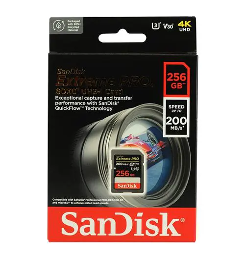 SANDISK EXTREME PRO 256GB – CARTE SDXC UHS-I – 200MO/S LECTURE – VIDEO 4K UHD – BLACK