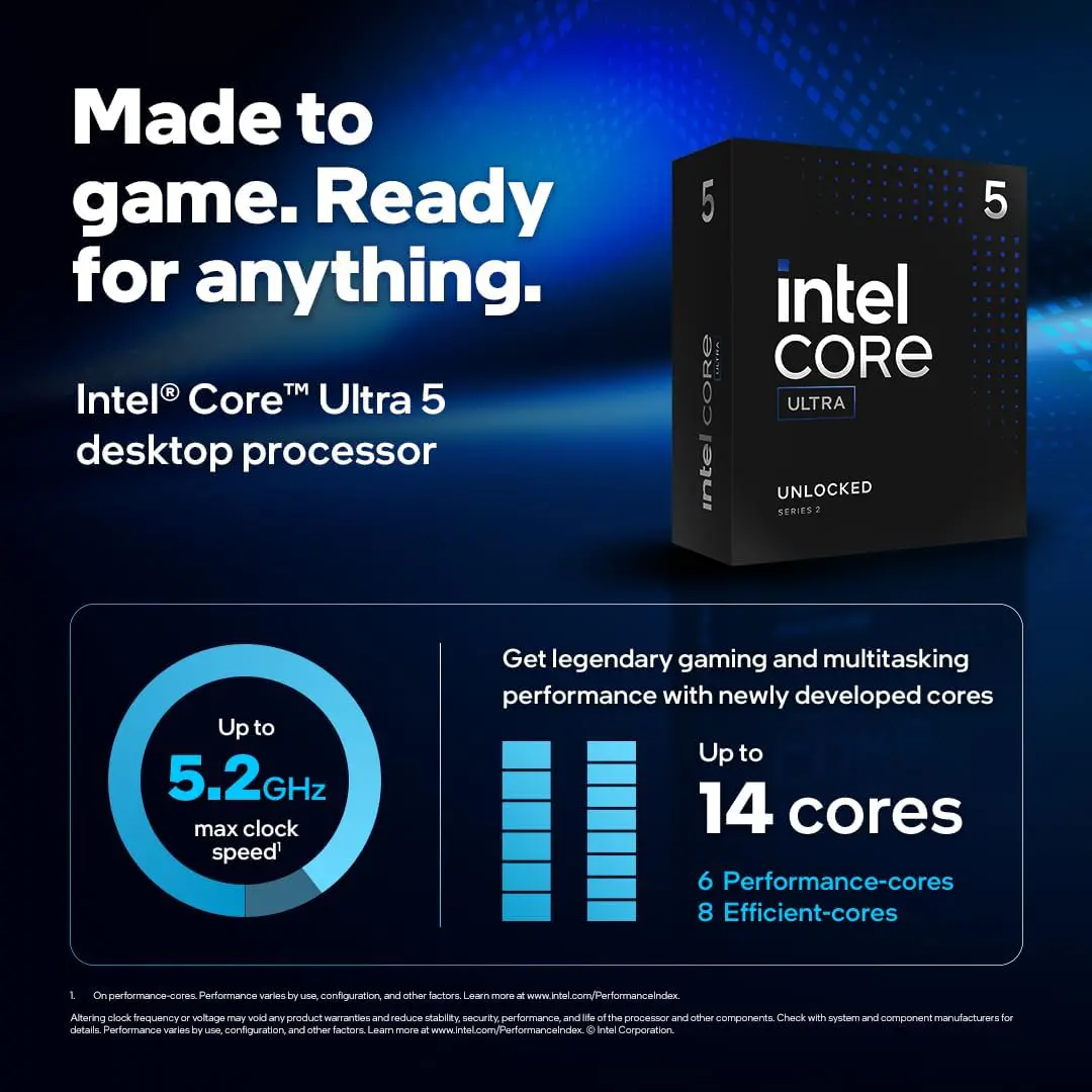 INTEL CORE ULTRA 5 245KF – 14 CORE – 14 THREADS – 5.2 GHZ – SOCKET 1851 – CACHE 24 MO – BOX
