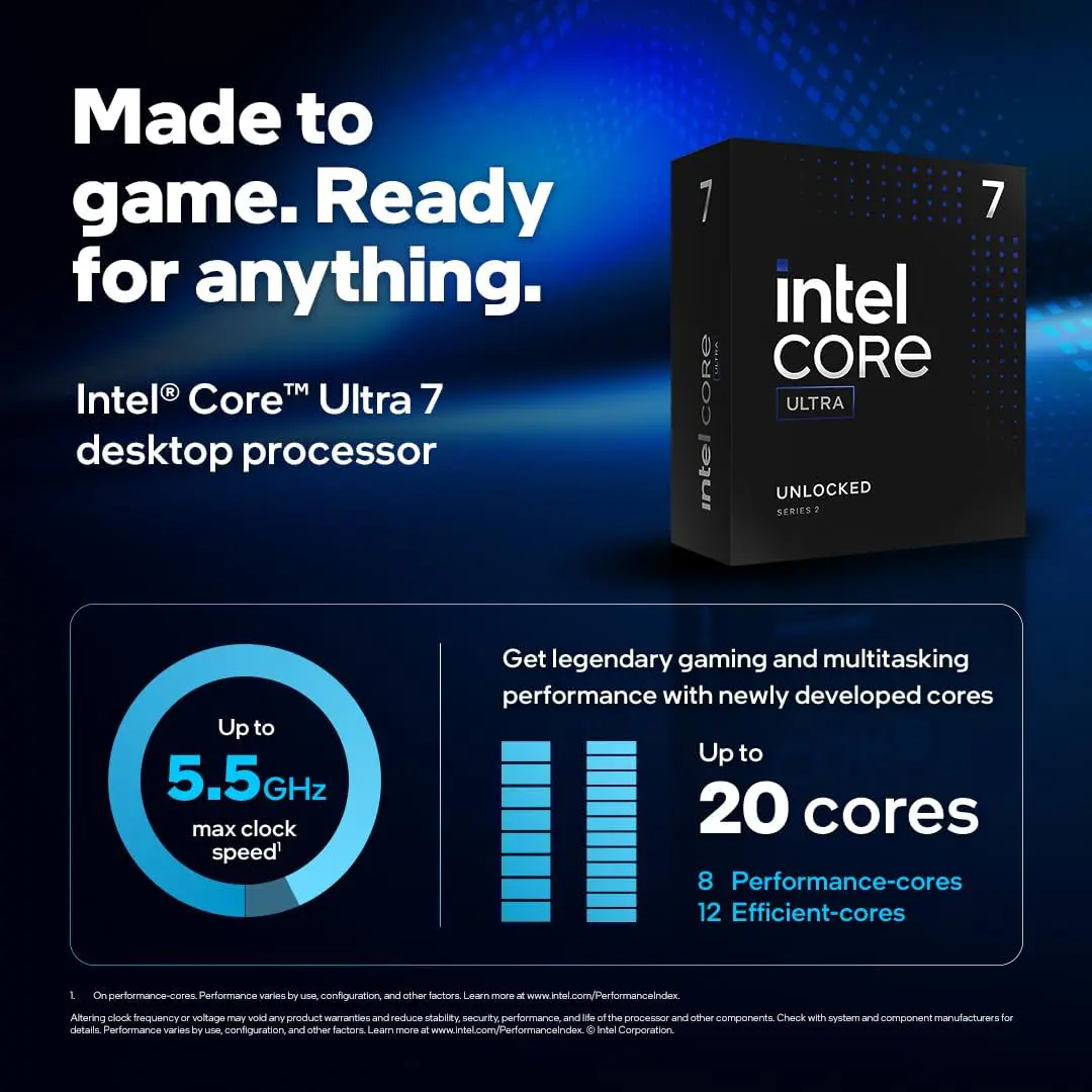 INTEL CORE ULTRA 7 265KF – 20 CORE – 20 THREADS – 5.5 GHZ – SOCKET 1851 – CACHE 30 MO – BOX