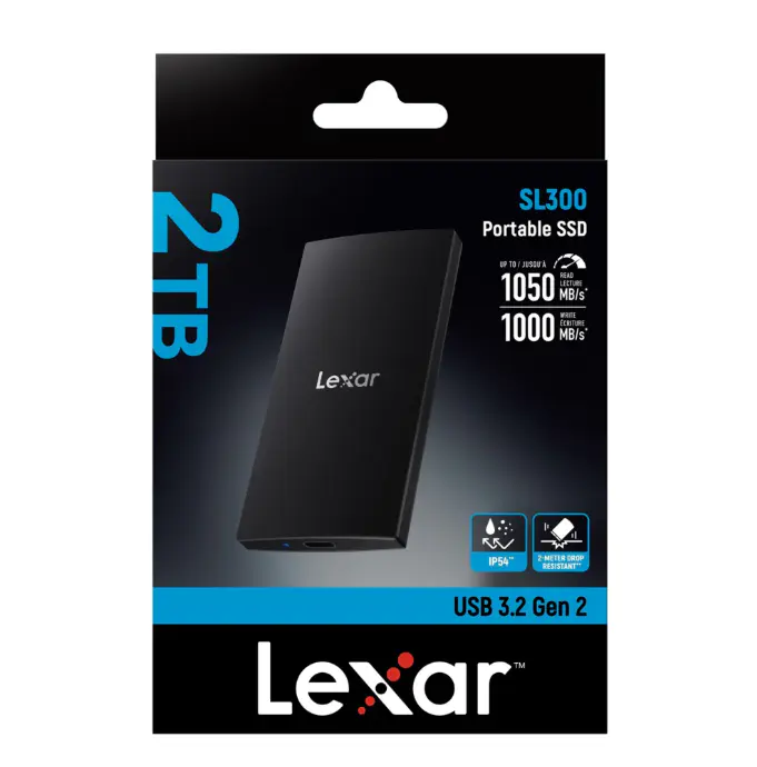LEXAR SL300 2TO – DISQUE DUR SSD EXTERNE PORTABLE – USB 3.2 GEN 2 TYPE-C – JUSQU’À 1050 MO/S – NOIR