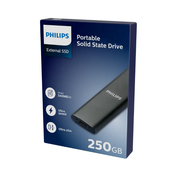 PHILIPS DISQUE DUR SSD EXTERNE 250GO – 540 MO/S – USB-A VERS USB-C – PC ET MAC – ALUMINIUM – GREY