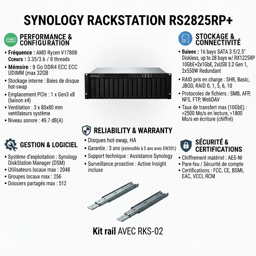 SYNOLOGY RS2825RP+ – BAIE DE STOCKAGE 16 BAIE – SERVEUR NAS RACK 3U – 16 BAIES 2.5″/3.5″ SATA – AMD RYZEN V1780B – 8GB DDR4 ECC – 10GBE + 2X 1GBE – DISKLESS + KIT RAIL RKS-02