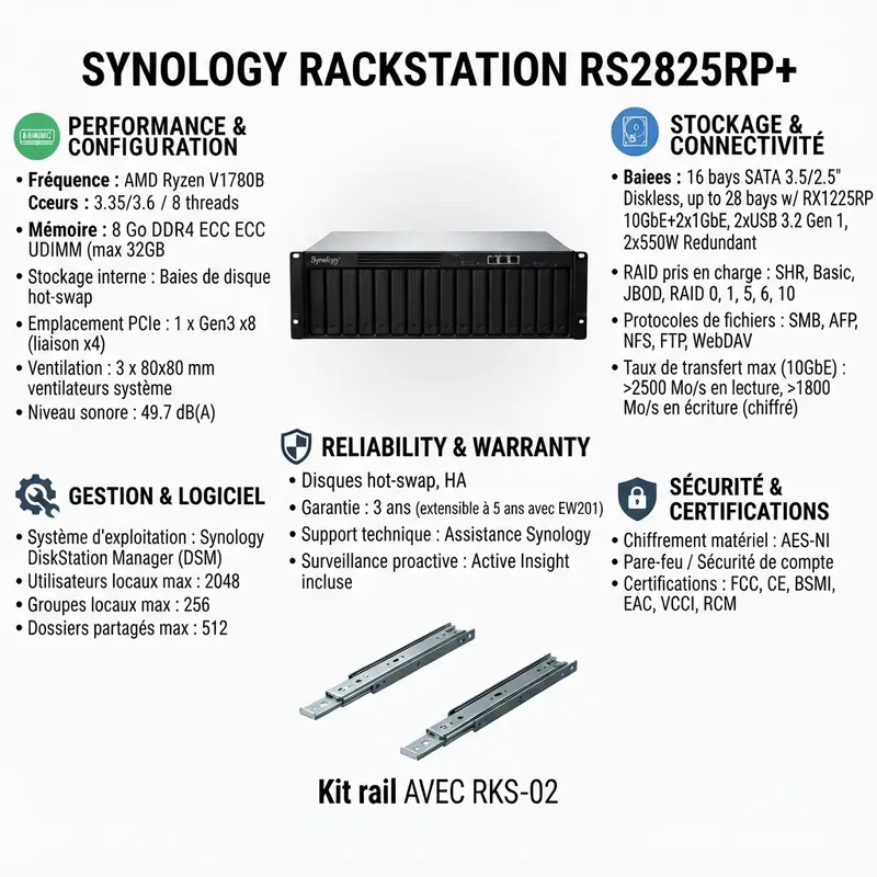 SYNOLOGY RS2825RP+ – BAIE DE STOCKAGE 16 BAIE – SERVEUR NAS RACK 3U – 16 BAIES 2.5″/3.5″ SATA – AMD RYZEN V1780B – 8GB DDR4 ECC – 10GBE + 2X 1GBE – DISKLESS + KIT RAIL RKS-02