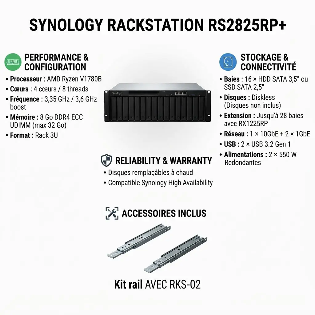 SYNOLOGY RS2825RP+ – BAIE DE STOCKAGE 16 BAIE – SERVEUR NAS RACK 3U – 16 BAIES 2.5″/3.5″ SATA – AMD RYZEN V1780B – 8GB DDR4 ECC – 10GBE + 2X 1GBE – DISKLESS + KIT RAIL RKS-02