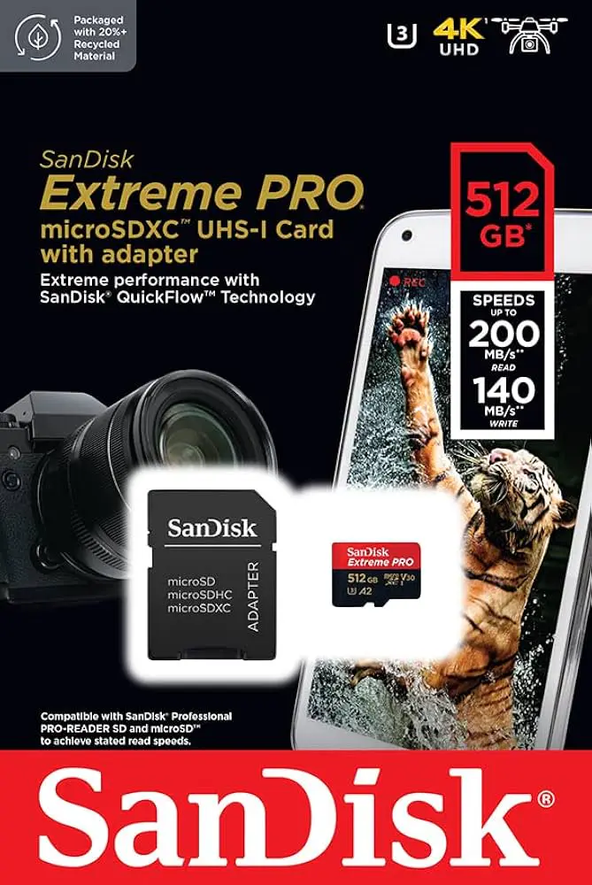 SANDISK EXTREME PRO 512GB – CARTE MÉMOIRE MSDXC UHS-I – JUSQU’À 200 MO/S – UHD 4K – AVEC ADAPTER