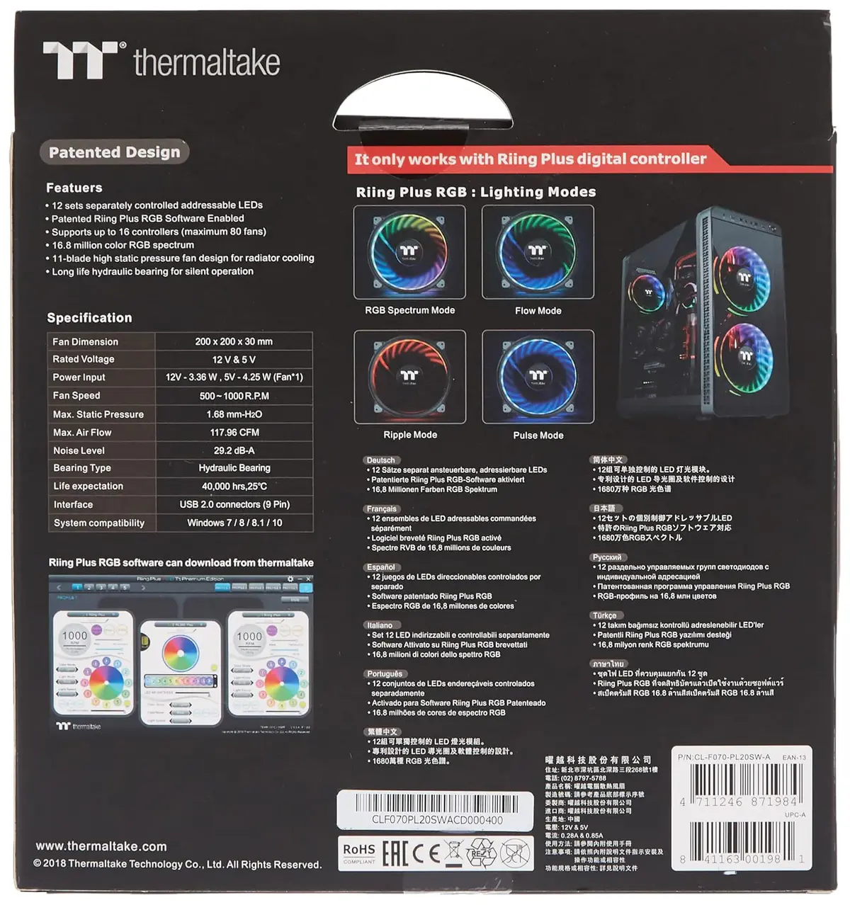 THERMALTAKE RIING PLUS 20 RGB – VENTILATEUR BOÎTIER 200 MM – ARGB – HAUTE CIRCULATION – BLACK