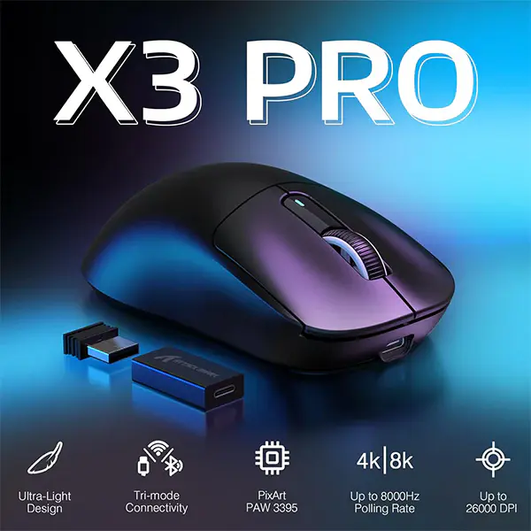 ATTACK SHARK X3 PRO – PAW-3395 – SOURIS FILAIRE & SANS FIL – BLUETOOTH 5.4 – USB 2.4G – 6 BOUTONS – 26000 DPI – 8000HZ – BLACK