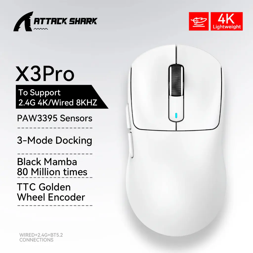 ATTACK SHARK X3 PRO – SOURIS FILAIRE & SANS FIL – BLUETOOTH – 6 BOUTONS – 26000 DPI – 8KHZ – WHITE
