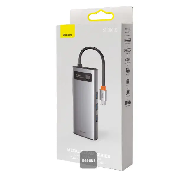 BASEUS METAL GLEAM 9-IN-1 – HUB USB-C 9 PORTS – HDMI – USB 3.0 – RJ45 – SD CARD – TF-USB-C -ORIGINAL