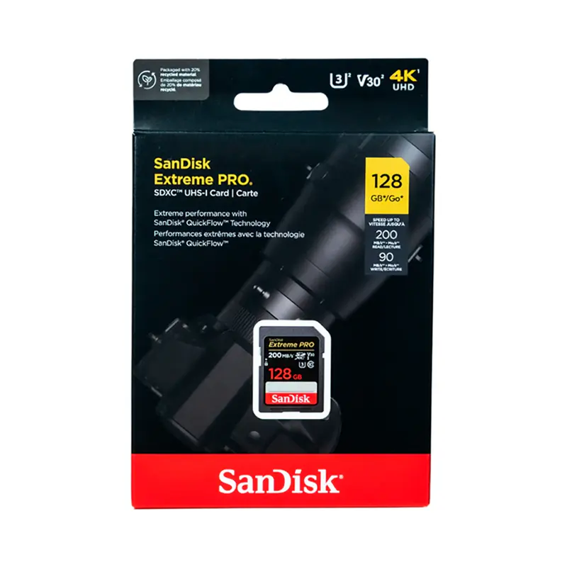 SANDISK EXTREME PRO 128GB – CARTE SDXC UHS-I – 200MO/S LECTURE – 90MO/S ECRITURE – VIDEO 4K UHD