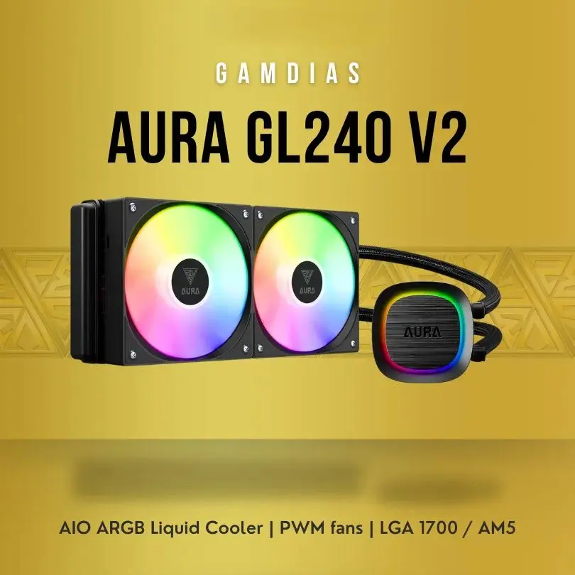 GAMDIAS AURA GL240 V2 – WATER COOLING 240MM -2 X FANS ARGB – PERFORMANCE – INTEL & AMD – BLACK