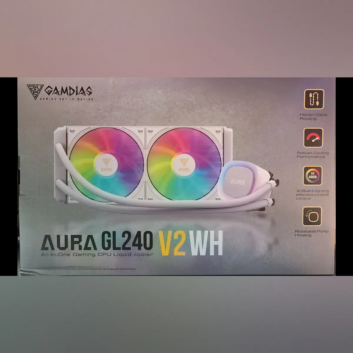 GAMDIAS AURA GL240 V2 – WATER COOLING 240MM -2 X FANS ARGB – PERFORMANCE – INTEL & AMD – WHITE
