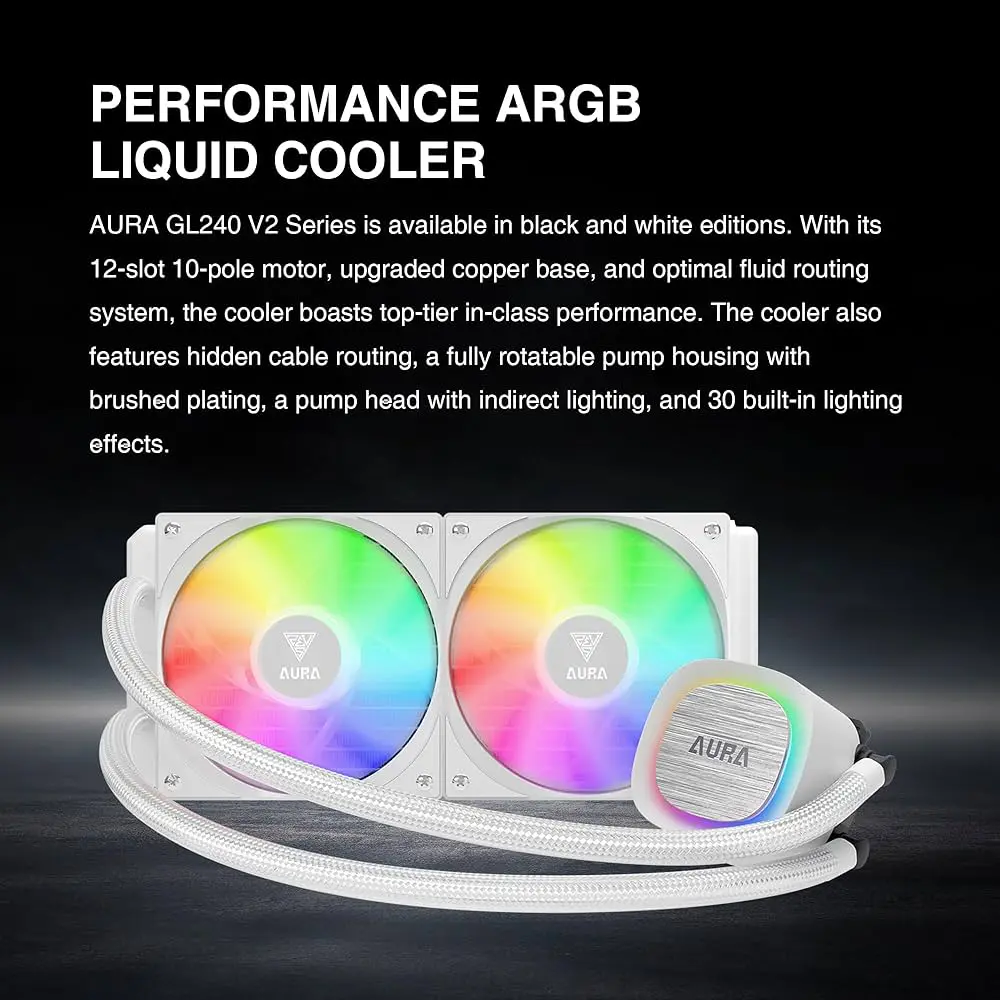 GAMDIAS AURA GL240 V2 – WATER COOLING 240MM -2 X FANS ARGB – PERFORMANCE – INTEL & AMD – WHITE