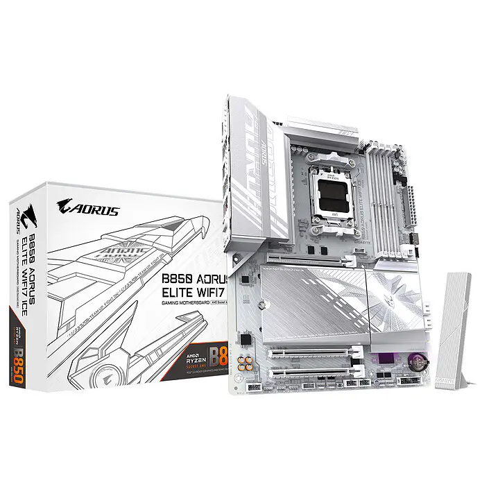 GIGABYTE B850 AORUS ELITE WIFI7 ICE – CARTE MÈRE ATX – SOCKET AM5 – 4 x DDR5 – 1 x PCIe 5.0 X16 – 3 x M.2 NVMe – WIFI 7 – BLUETOOTH 5.4 – LAN 2.5GBE – USB 3.2 – WHITE