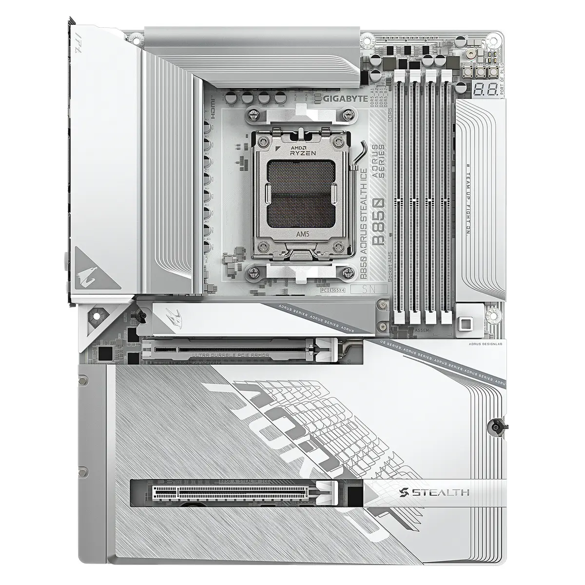 GIGABYTE B850 AORUS STEALTH ICE – CARTE MÈRE ATX – SOCKET AM5 – 4 x DDR5 – 1 x PCIe 5.0 X16 – 4 x M.2 NVMe – WIFI 7 – BT 5.4 – LAN 5GBE – USB 3.2 – WHITE