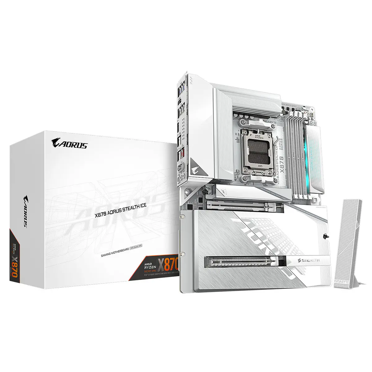 GIGABYTE X870 AORUS STEALTH ICE – CARTE MÈRE ATX – SOCKET AM5 – 4 x DDR5 – 1 x PCIe 5.0 X16 – 4 x M.2 NVMe – WIFI 7 – BT 5.4 – LAN 5GBE – USB4 – WHITE