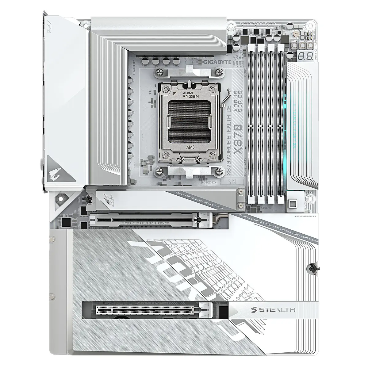 GIGABYTE X870 AORUS STEALTH ICE – CARTE MÈRE ATX – SOCKET AM5 – 4 x DDR5 – 1 x PCIe 5.0 X16 – 4 x M.2 NVMe – WIFI 7 – BT 5.4 – LAN 5GBE – USB4 – WHITE