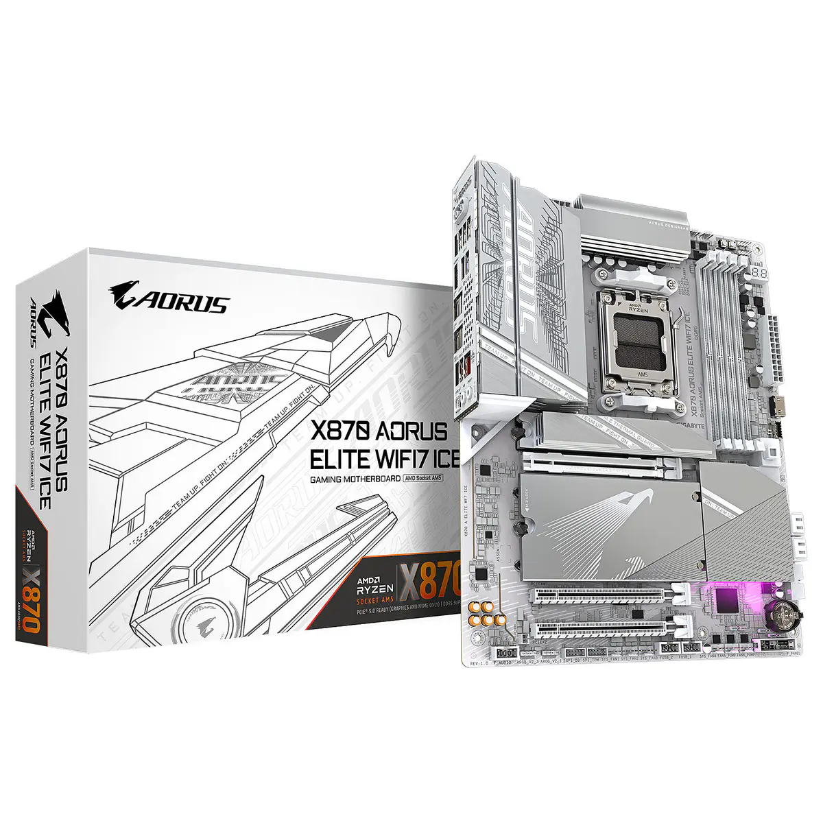 GIGABYTE X870E AORUS ELITE WIFI7 ICE – CARTE MÈRE ATX – SOCKET AM5 – 4 x DDR5 – 1 x PCIe 5.0 X16 – 4 x M.2 NVMe – WIFI 7 – BT 5.4 – LAN 2.5GBE – WHITE