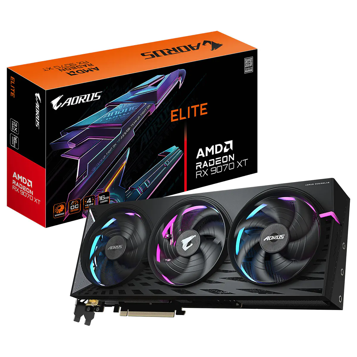 GIGABYTE AORUS RADEON RX 9070 XT ELITE 16G – CARTE GRAPHIQUE – 16 GO GDDR6 – PCIe 4.0 – 2x HDMI + 2x DISPLAYPORT – OC – RGB HALO – BLACK