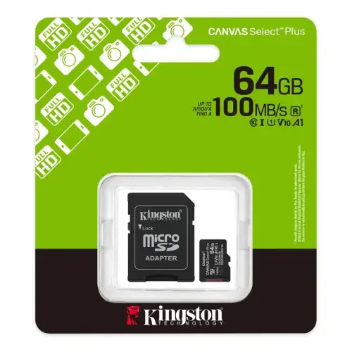 KINGSTON CANVAS SELECT PLUS SDCS3 64GB – MICRO SDXC 64GB – UHS-I CLASSE 10 – AVEC ADAPTATEUR SD – BLACK