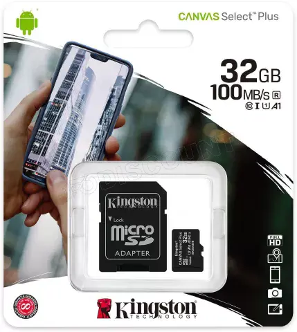 KINGSTON CANVAS SELECT PLUS SDCS3 32GB – MICRO SDXC 32GB – UHS-I CLASSE 10 – AVEC ADAPTATEUR SD – BLACK
