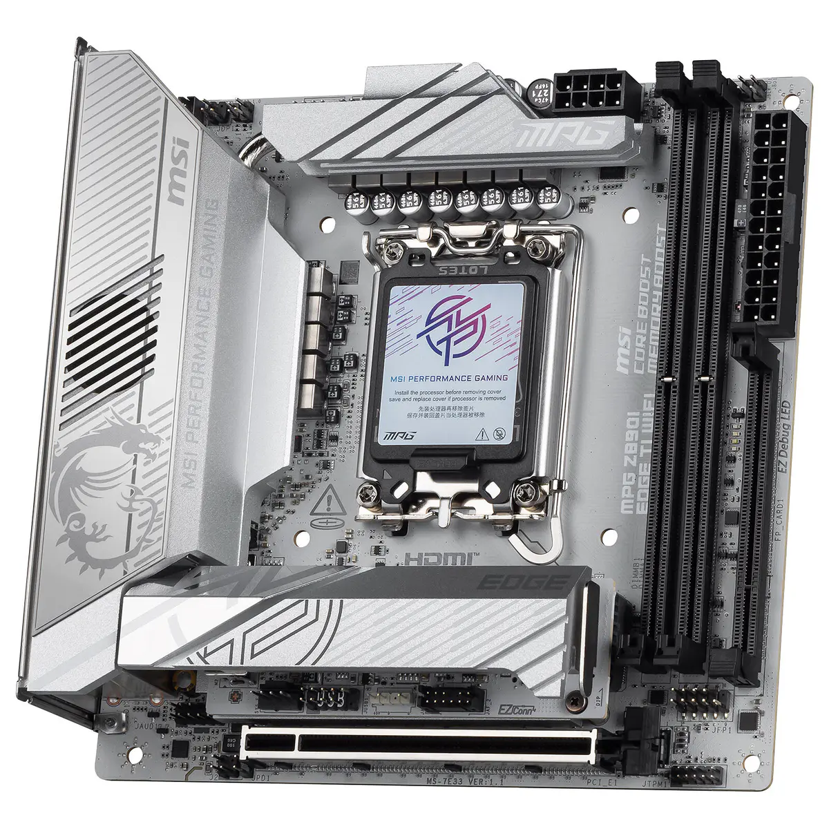 MSI MPG Z890I EDGE TI WIFI – CARTE MÈRE MINI-ITX – SOCKET LGA 1851 – 2 x DDR5 – 4 x M.2 – PCIe 5.0 – THUNDERBOLT 4 – WIFI 7 – LAN 5GbE – SILVER