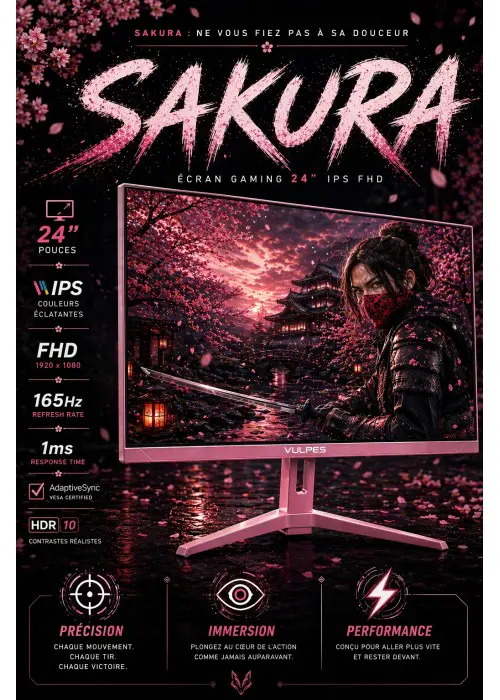 VULPES SAKURA – ÉCRAN GAMING 24″ – DALLE IPS FHD – 165HZ – 1MS – RGB – PC & CONSOLE – BLACK