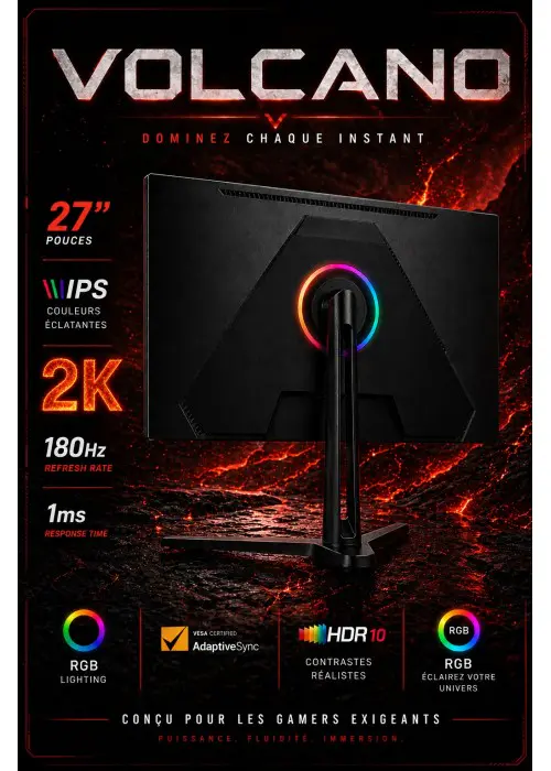 VULPES VOLCANO – ÉCRAN GAMING 27″ – 2K QHD – DALLE IPS – 180HZ – 1MS – RGB – PC & CONSOLE – BLACK