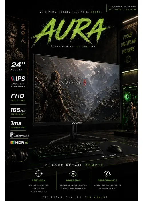 VULPES AURA – ÉCRAN GAMING 24″ – DALLE IPS FHD – 165HZ – 1MS – PC & CONSOLE – ULTRA GAMING – BLACK