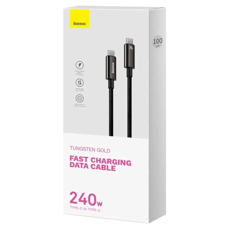 BASEUS TUNGSTEN GOLD – FAST CHARGING DATA CABLE 3M – TYPE-C TO TYPE-C – 240W – ALLIAGE – E-marker
