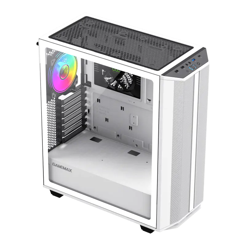 BOITIER GAMING GAMEMAX PRECISION 2 ARGB WHITE MID TOWER ACIER 0.8MM PANNEAU SUPERIEUR AMOVIBLE VERRE TREMPE 2X USB 2.0 HD AUDIO