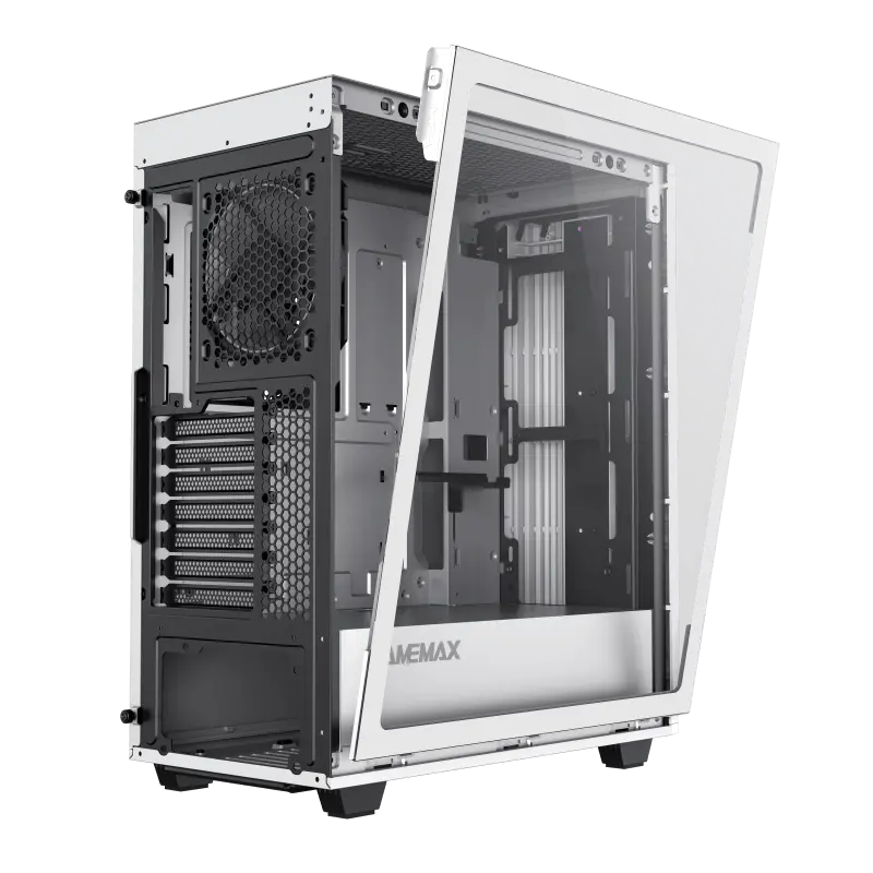 BOITIER GAMING GAMEMAX PRECISION 2 ARGB WHITE MID TOWER ACIER 0.8MM PANNEAU SUPERIEUR AMOVIBLE VERRE TREMPE 2X USB 2.0 HD AUDIO