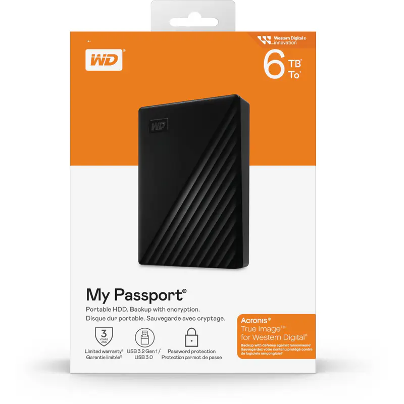 WD MY PASSPORT 6TB – DISQUE DUR EXTERNE HDD – USB 3.2 GEN 1 I USB 3.0 – BACKUP – ORIGINALE – BLACK