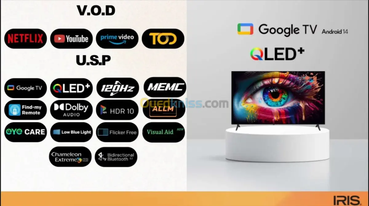 TV IRIS Q7020 60″ – GOOGLE TV ANDROID 14 – TV QLED – 4K UHD – ANDROID – EYE CARE – GOOGLE CAST – BLUETOOTH 5.1 – 120HZ – BLACK