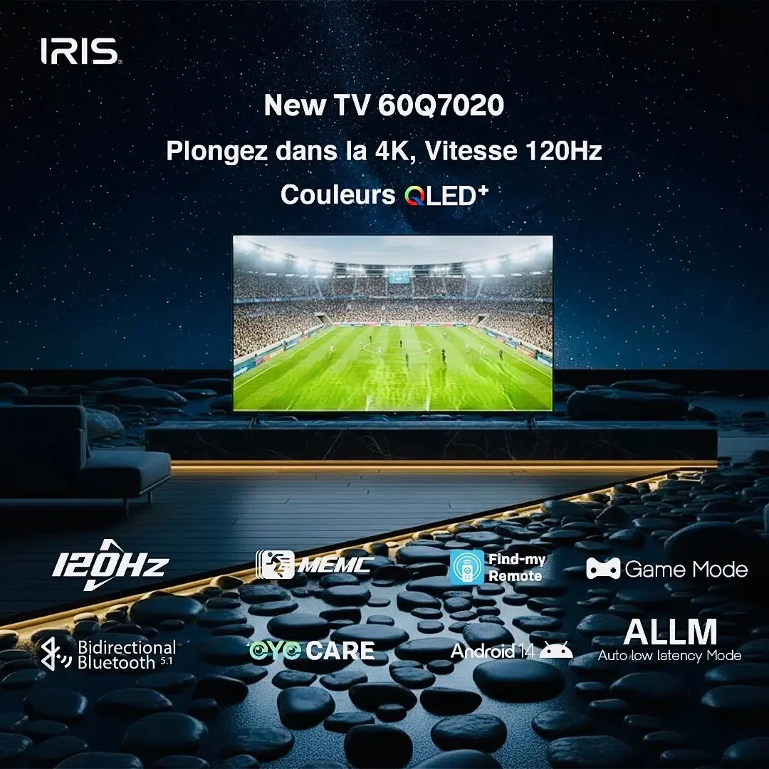 TV IRIS Q7020 60″ – GOOGLE TV ANDROID 14 – TV QLED – 4K UHD – ANDROID – EYE CARE – GOOGLE CAST – BLUETOOTH 5.1 – 120HZ – BLACK